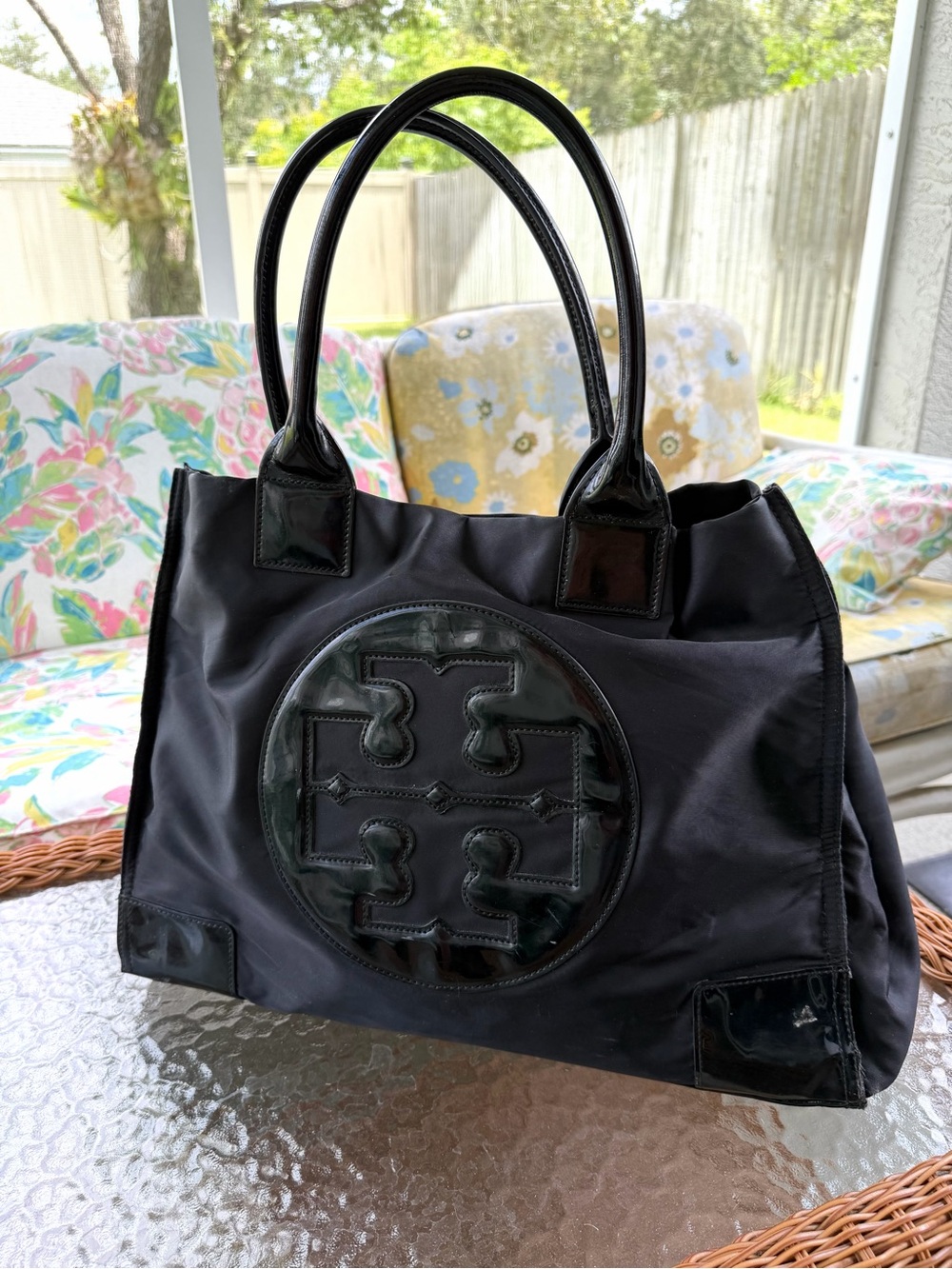 Tory Burch Ella Large Black Nylon Patent Logo Tote Bag
